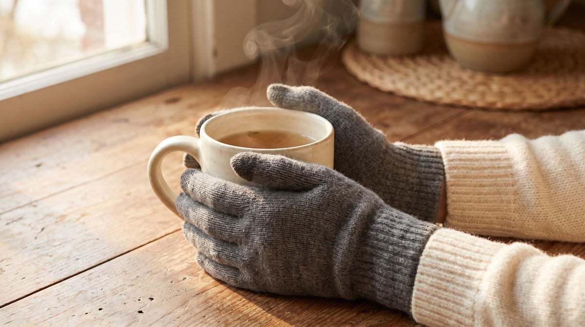Hands in gray heather FibreHeat cashmere gloves cradling a mug of herbal tea