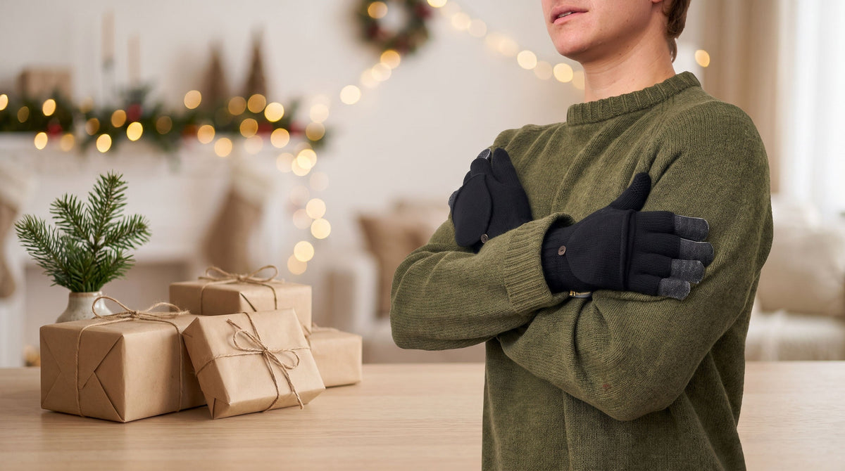 Man in an olive sweater wearing black FibreHeat flip top mittens beside gifts wrapped in kraft paper