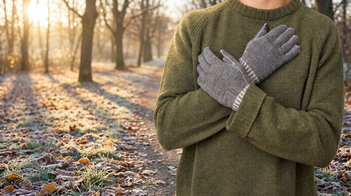 Man in an olive sweater wearing Charcoal Twist FibreHeat Ultra Liners on a frosty autumn path
