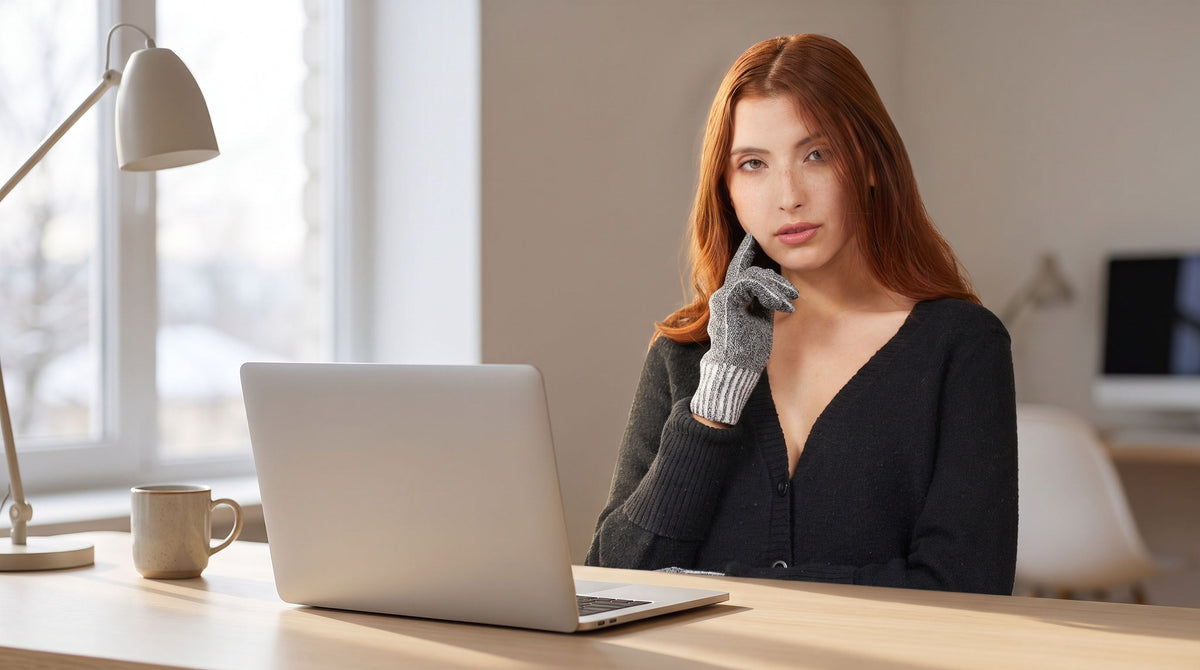 Woman at a home office desk wearing a Charcoal Twist FibreHeat Ultra Liner