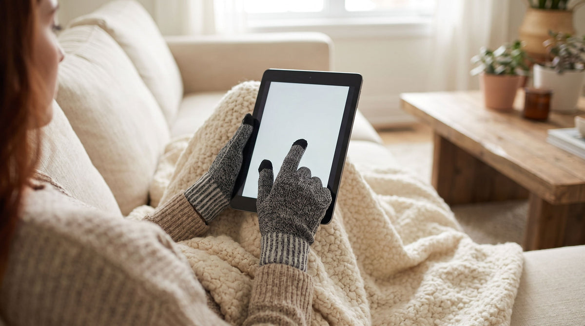 Woman on a sofa under a cream throw tapping a tablet with the touchscreen tip of her FibreHeat glove liners