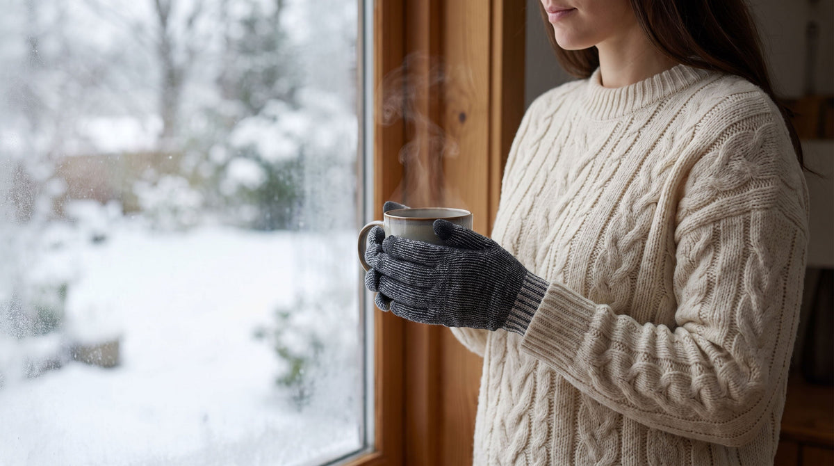 Woman in a cream cable-knit sweater holding a mug of tea by a snowy window, wearing FibreHeat glove liners