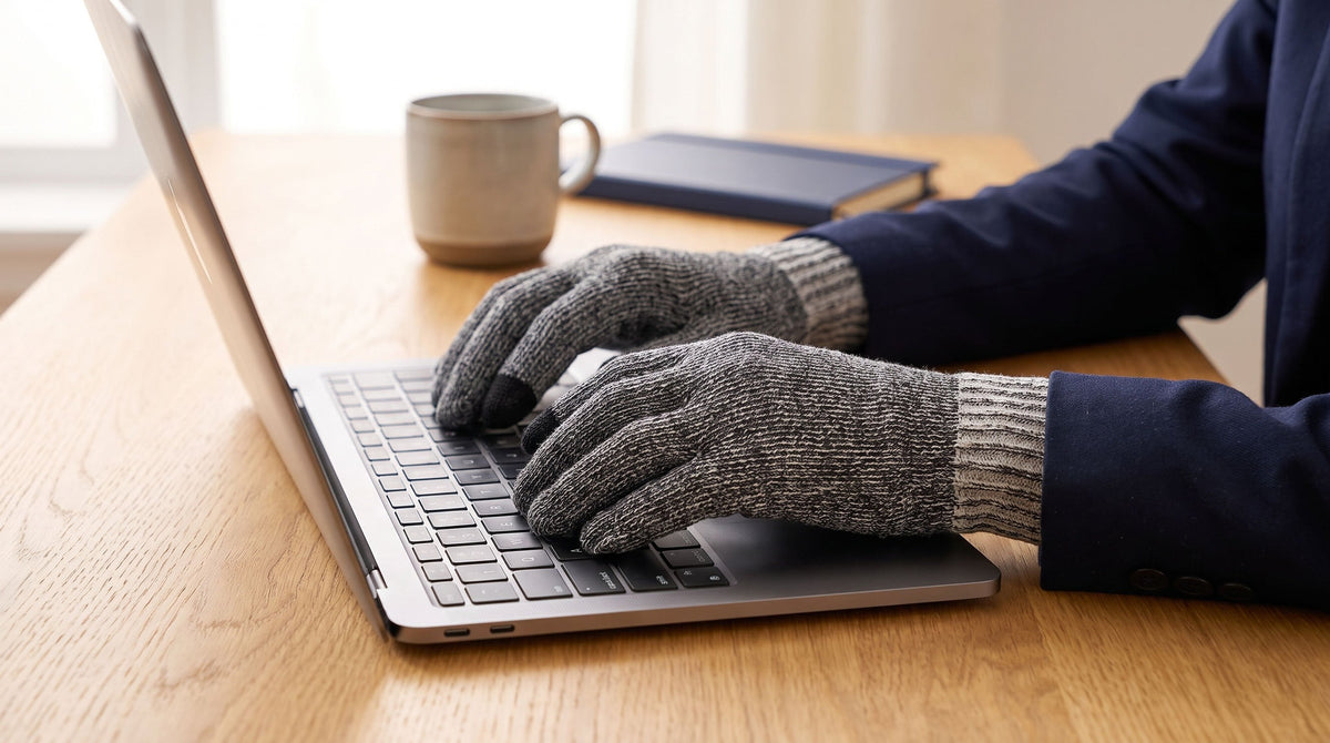 Hands in FibreHeat Twist Ultra Liners typing on a laptop in a cool office