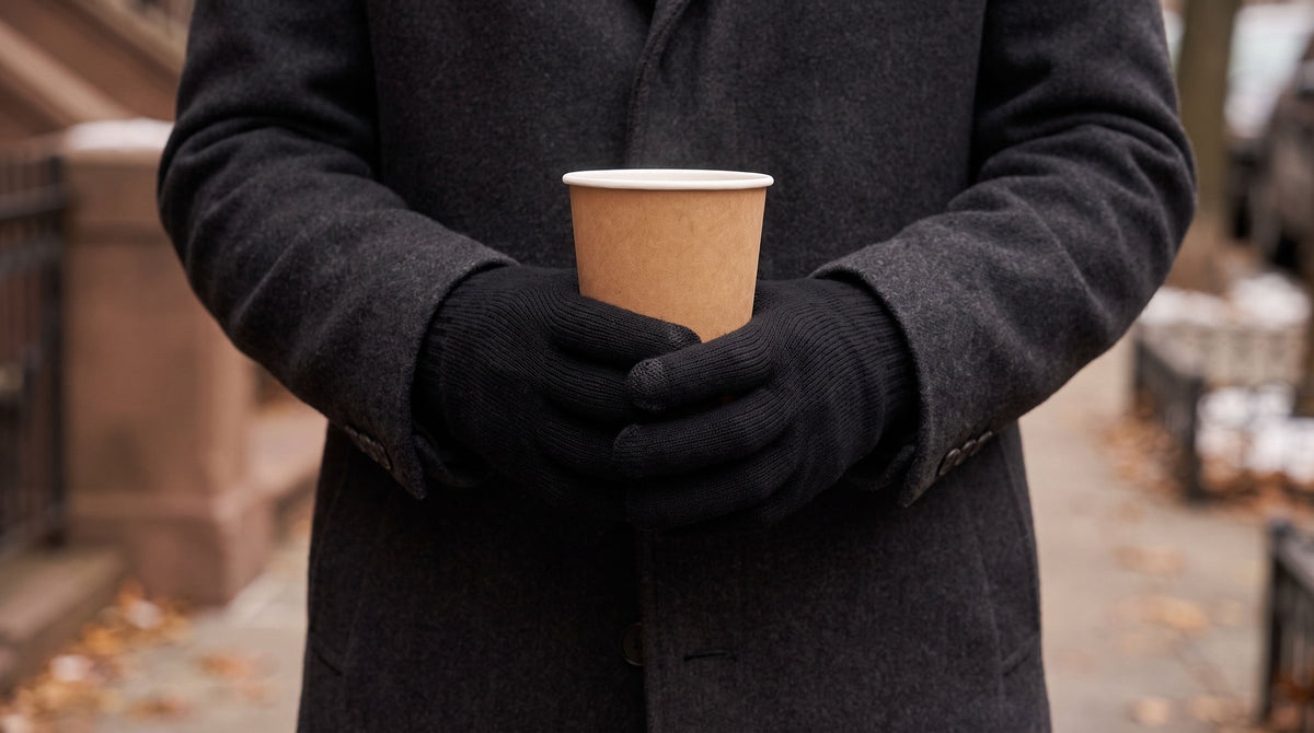 Hands in black FibreHeat merino gloves holding a coffee on a winter city street