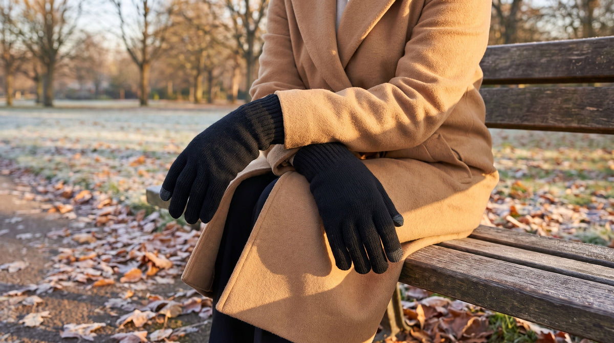 Woman in a camel coat on a park bench wearing black FibreHeat merino gloves