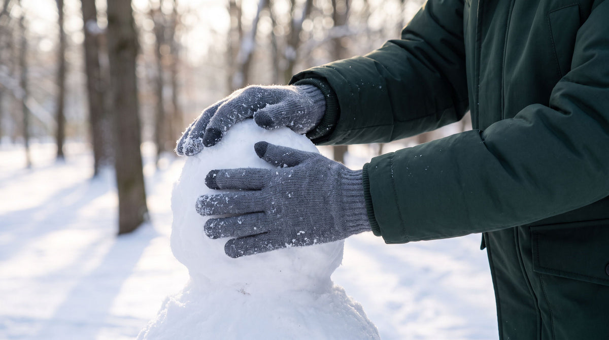 Hands in slate heather FibreHeat merino gloves building a snowman in a snowy park