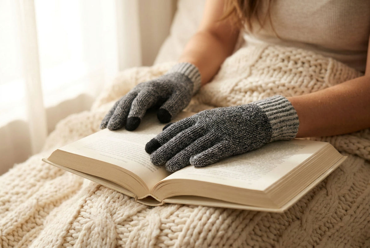 Hands in FibreHeat twist liners resting on an open book on a cream knit blanket