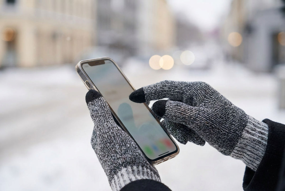 A FibreHeat twist liner's touchscreen fingertip tapping a phone outdoors in winter