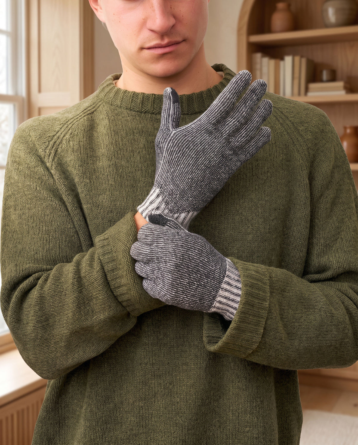 Man in an olive sweater pulling on Charcoal Twist FibreHeat Ultra Liners in a warm living room