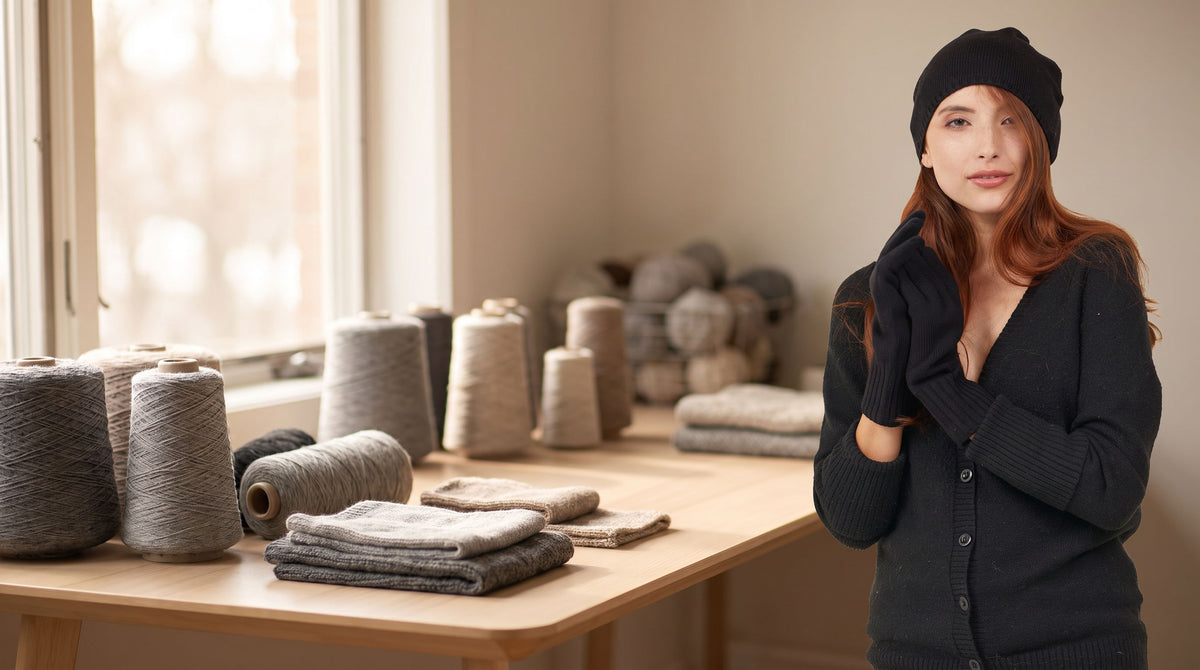 Woman in a black beanie and black FibreHeat merino gloves in a knitwear workshop with yarn cones