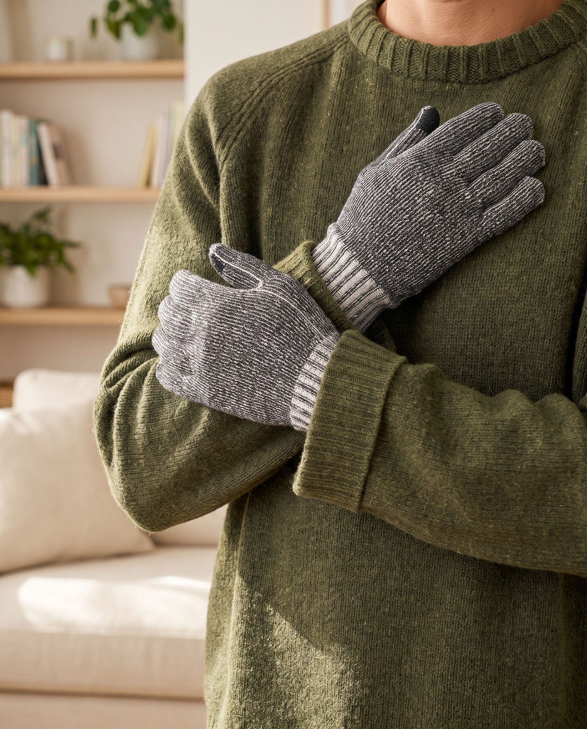Crossed arms in Charcoal Twist FibreHeat Ultra Liners in a calm living room