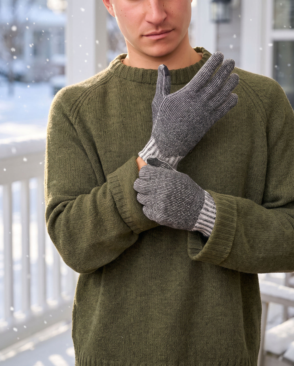 Man pulling on Charcoal Twist FibreHeat Ultra Liners on a snowy porch