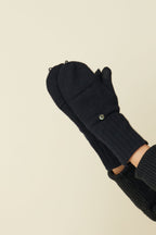 Black wool blend flip top mittens closed, with the button-down top